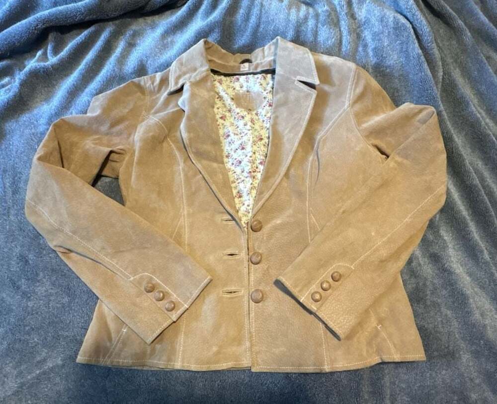 Wilsons Leather Tan Suede Floral Lined Blazer Jacket Size L